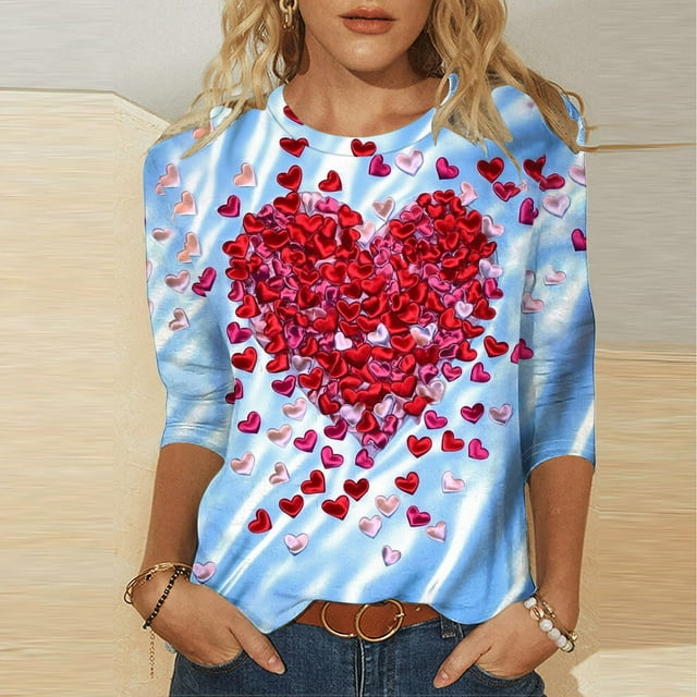 Meichang Hauts à Manches 3/4 pour Femmes, T-Shirts de la Saint-Valentin avec Motif Cœur, Col Rond Décontracté, Coupe Ample
