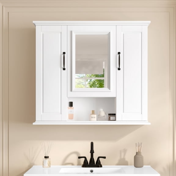 36'' Wall Mounted Medicine Cabinet, Bathroom Storage Cabinet with Mirror and 3 Doors, Modern Bathroom Wall Cabinet with Adjustable Shelves for Bathroom, White