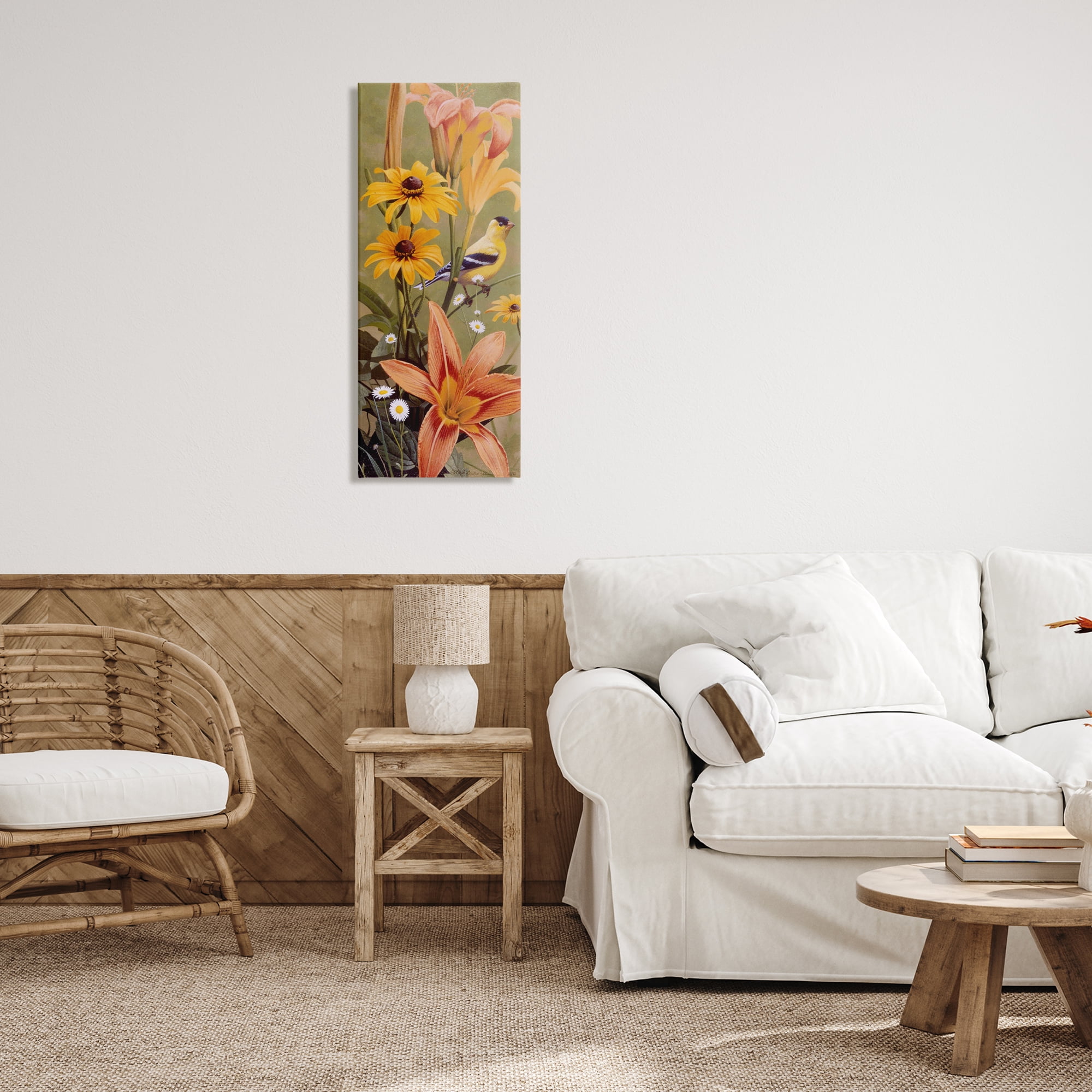 Stupell Industries Among the Flowers Bird Plants & Flowers Painting Wrapped Canvas Art Print Wall Art, 17 x 40