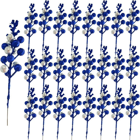 Janrevotw 24 Pack Christmas Glitter Berry Stem 8 Inch Blue Silver Artificial Holly Berry Pick and Spray Christmas Tree Filler Branche Ornament for Xmas Decor Wreath Craft