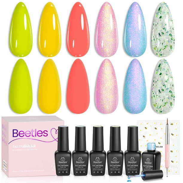 Set de esmaltes de uñas en gel Beetles Yellow Coral Green Glitter
