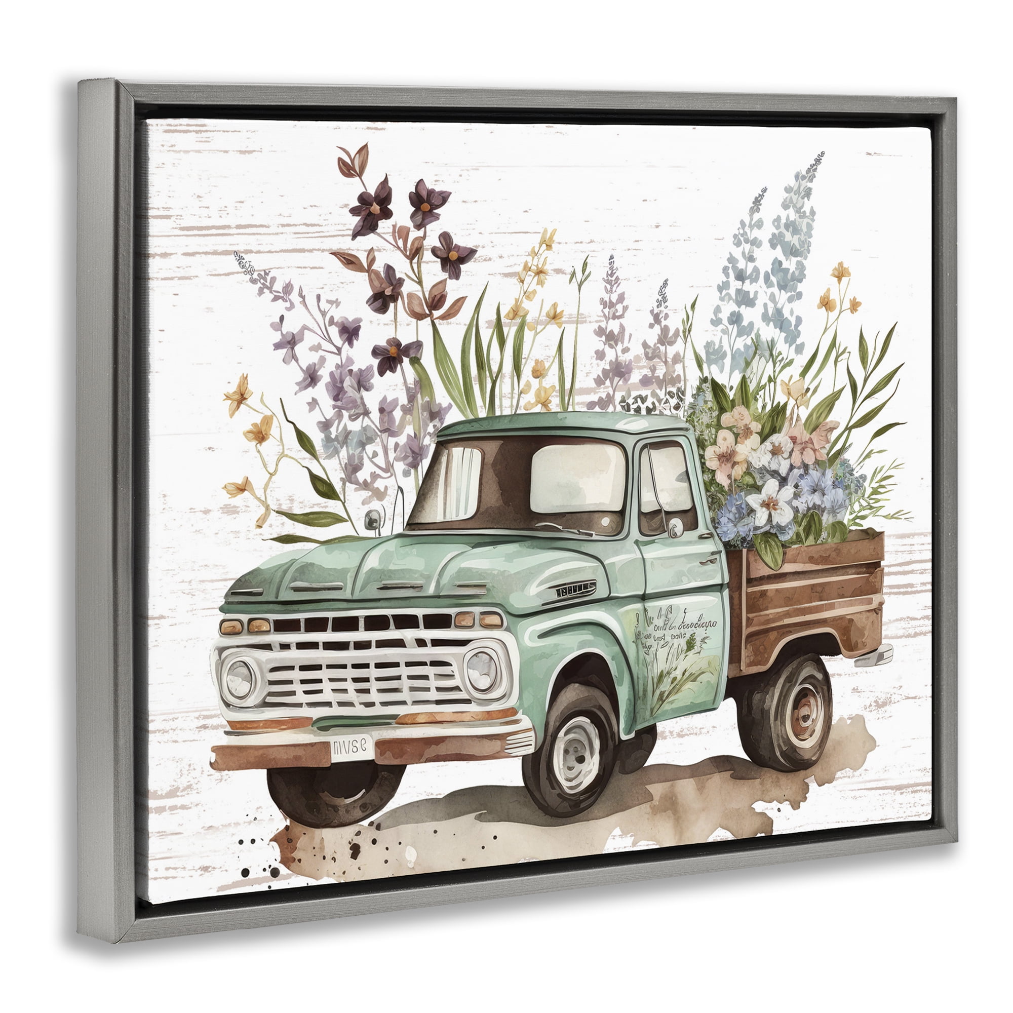 Stupell Industries Floral Herb Truck Transportation Painting Gray Floater Framed Canvas Art Print Wall Art, 31 x 25