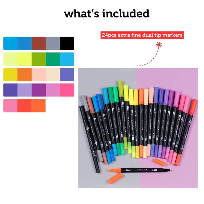 Incraftables Double Tip Markers Set - 24 Colors, Brush Drawing