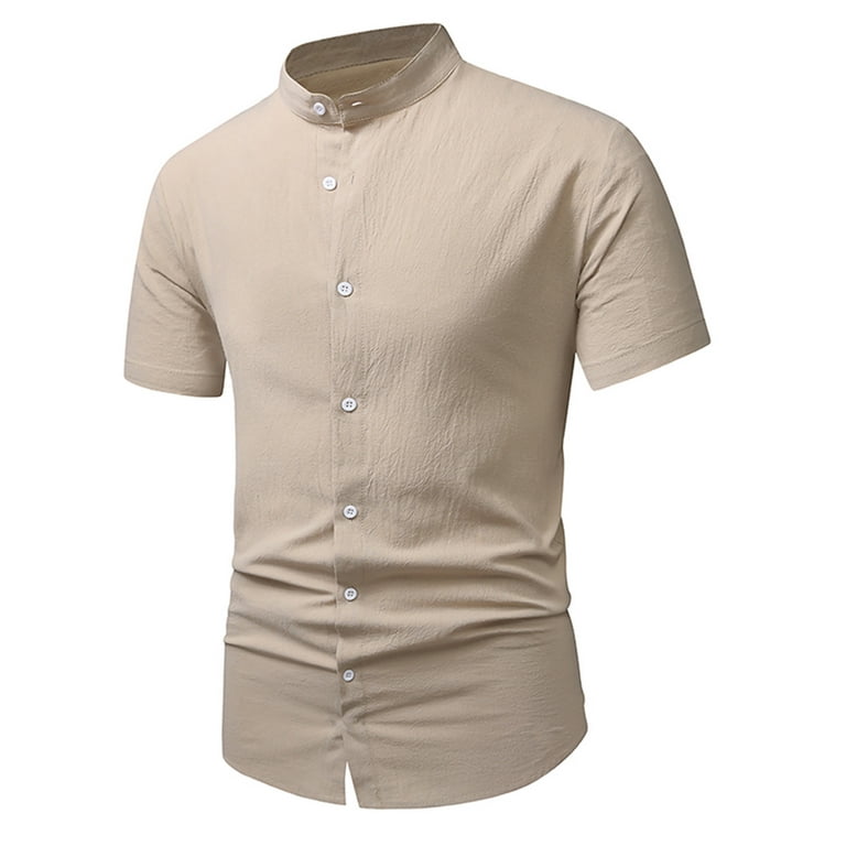 Vsssj Button Down Shirts for Men Slim Fit Summer Solid Color Short Sleeve Stand Collar Tee Top Casual Cotton Summer Daily Athletic Tops Khaki XL