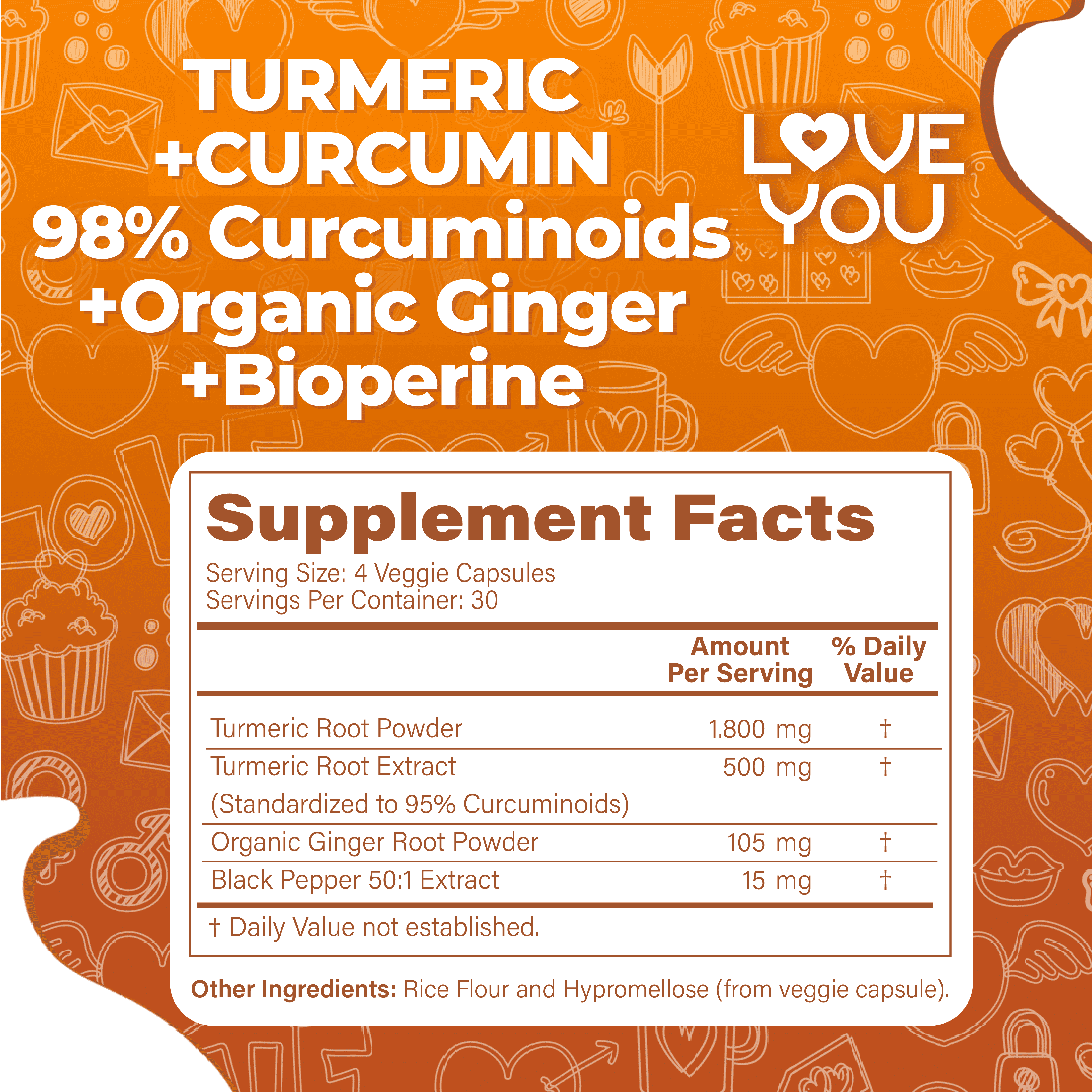 Love You Turmeric 1800 mg + 95% Curcuminoids 500 mg + Organic Ginger 120 Veggie Caps
