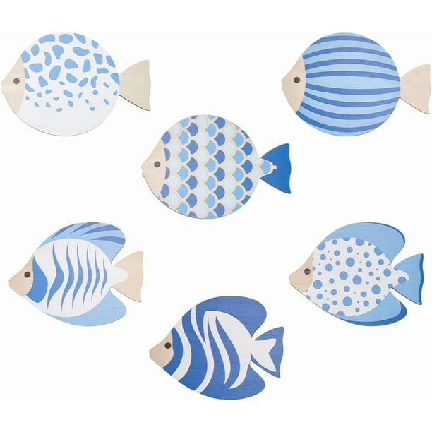 6 piezas de decoración de pared con peces de madera, arte de pared costero, decoración náutica de playa, decoración de paredes de baño, escultura de pared de peces azules, esculturas colgantes