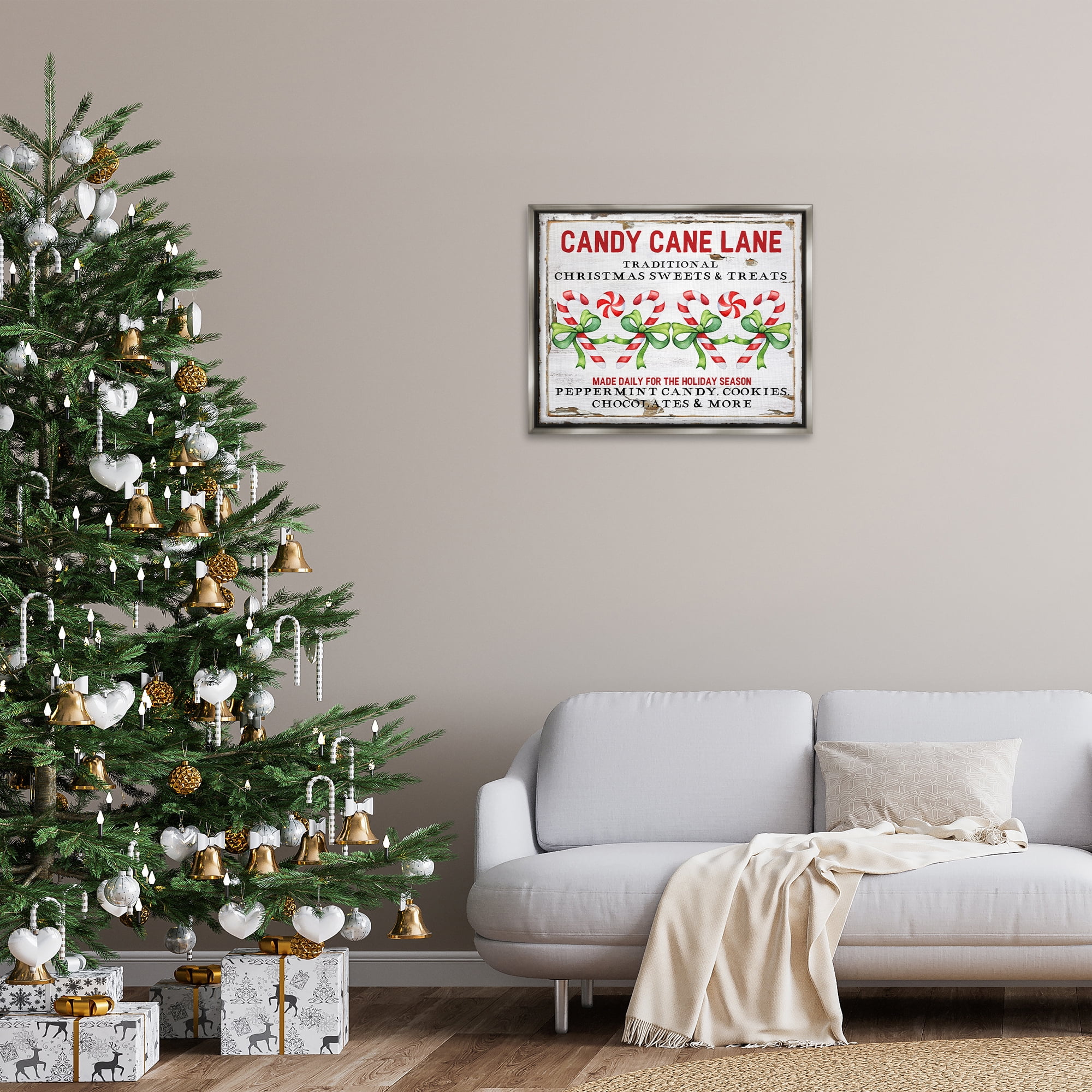 Stupell Industries Candy Cane Lane Sign Holiday Painting Gray Floater Framed Canvas Art Prints Wall Art, 31 x 25