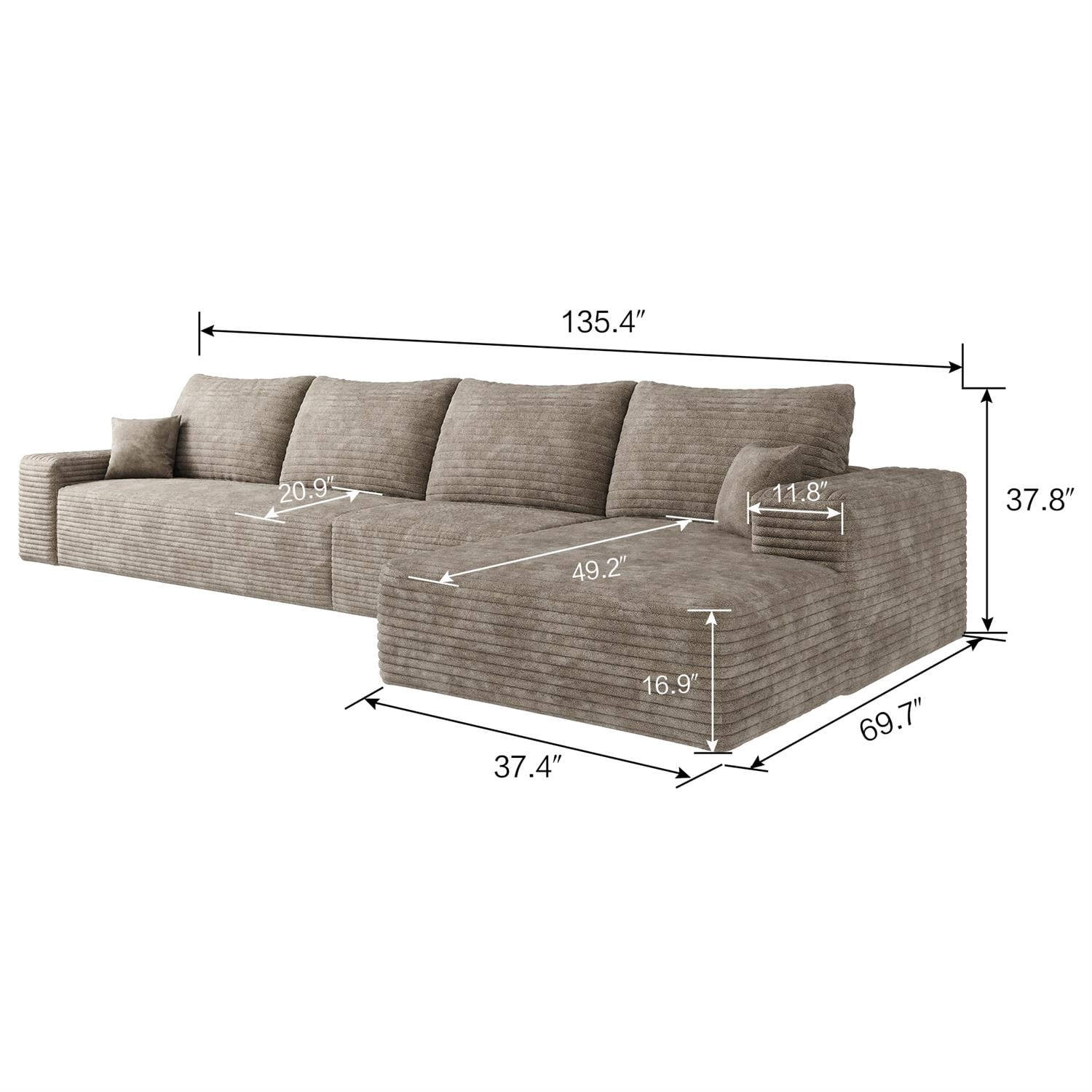 Demi Bonn 135" L-Shaped Cloud Sectional Sofa with Chaise, Modern Deep Seat Modular Couch for Living Room/Bedroom, No Assembly Needed, Beige