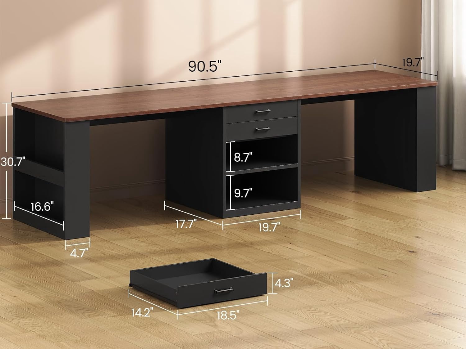 SEDETA Two Person Desk with Drawers, 90 Inch Long Office Desk with Storage Shelves, Double Gaming Desk, Wooden Couple Desk, Writing Table with Storage for Home Office, Black