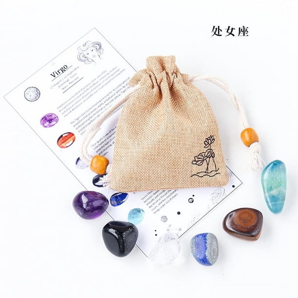 Granjero Gordo 1 juego de piedras crudas de cristal natural, juego de 12 bolsas de tela del zodíaco Virgo, espécimen mineral de cristal DIY para Aries,