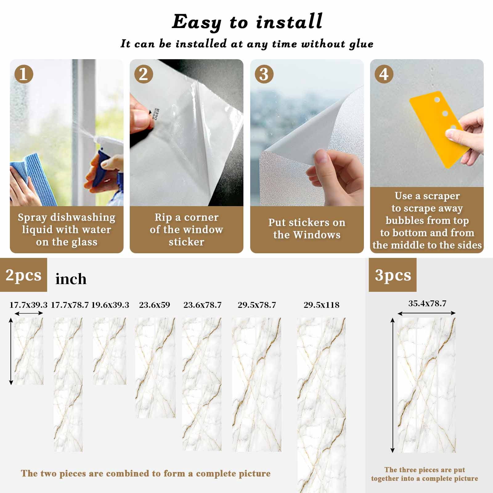 Marble Window Privacy Film, Grey Golden Crack Minimalistic Abstract Static Cling UV Sun Blocking Heat Control Window Tint Day and Night, Non-Adhesive One Way Windows Privacy Cover 23.6''x59''