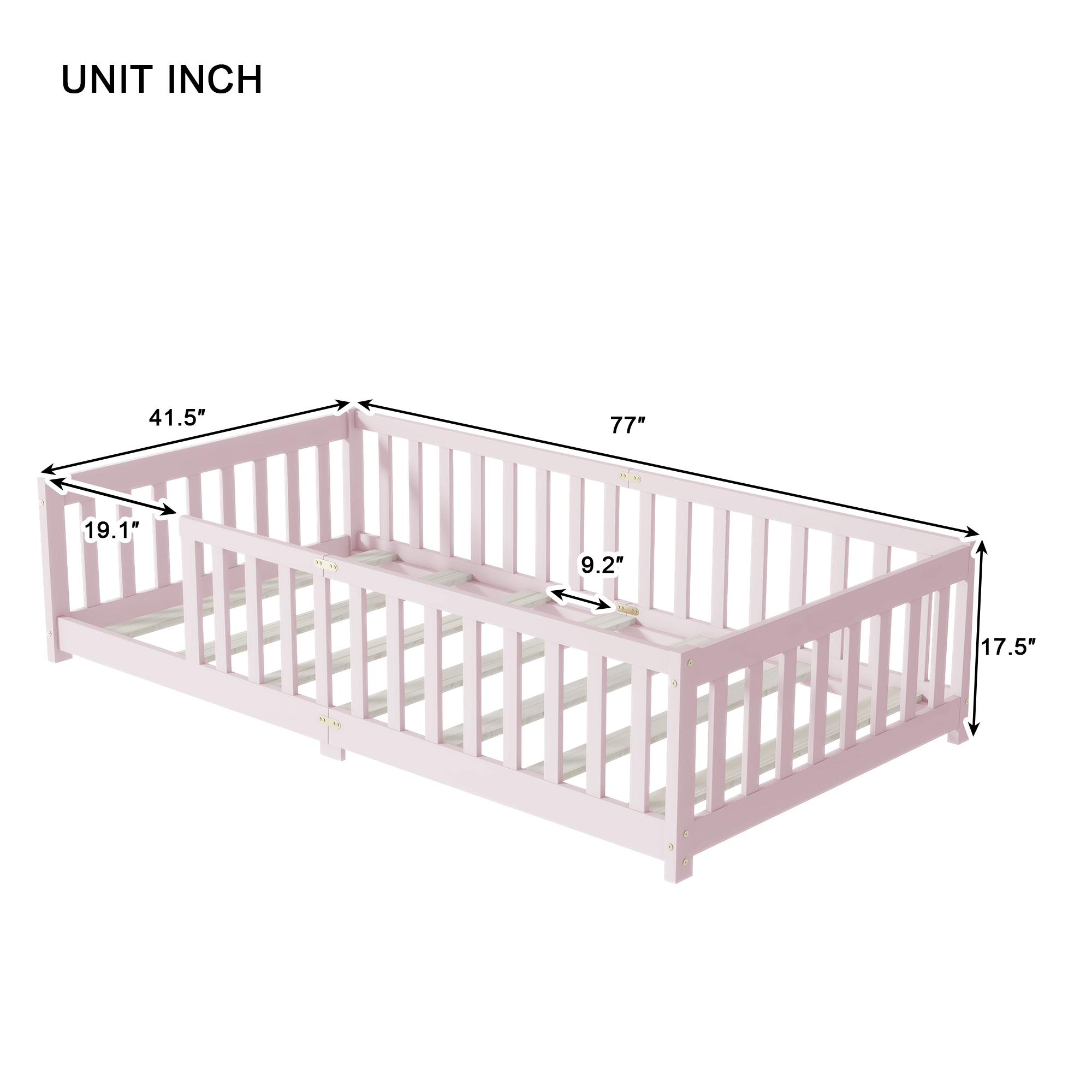 Alvantor Twin Size Floor Bed, Solid Wood Toddler Bed with Slat and Fence Guardrail, Montessori Floor Bed for Kids, Boys, Girls,Pink