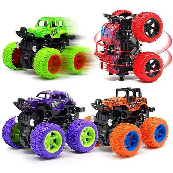 Monster Truck for Boys 3 4 5 6 7 Year Old,4 Pack Push and Go Friction Powered Car Toys, Double-Directions Inertia Pull Back Vehicle Set,Birthday Party Gift for Kids