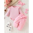thumbnail image 2 of Suealasg Baby Girl Outfit Newborn Girl Spring Fall 4Pcs Clothes 3 6 12 18 24 Months Infant Girl Long Sleeve Ribbed Romper Daisy Print Pants Belt Headband Sets, 2 of 6
