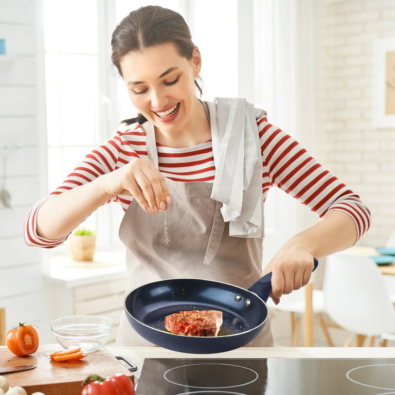 6 Pieces Pots and Pans Set,Aluminum Cookware Set, Nonstick Ceramic Coating,  Fry Pan, Stockpot with Lid, Blue