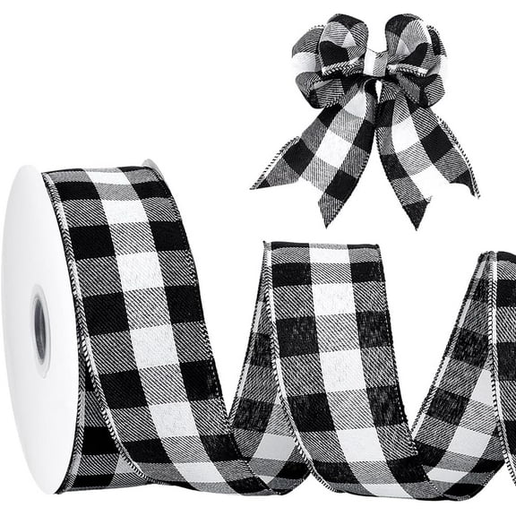 50 Yards Black and White Check Ribbons 2-1/2 inches Wide Buffalo Plaid Ribbon Grided Wire Edge Ribbon