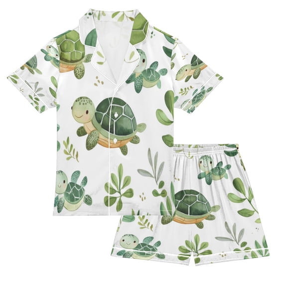 Children's Satin Pajama Sets Pajama Sets Button-Up Satin Pajama Set for Boys & Girls Green Cartoon Turtle S