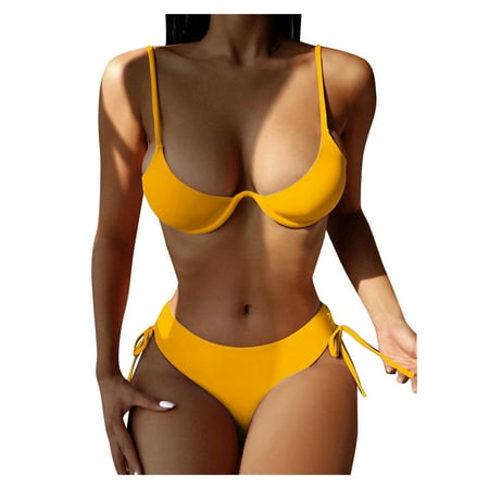 

VKEKIEO Two-Piece Sets Swimsuit Sport Bra Style Lift Yellow M