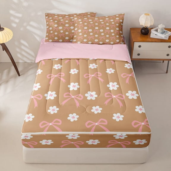 Homewish Cute Bowknot Daisy Zipper Twin Comforter Sets with Fitted Sheet and 2 Pillowcases,Cartoon Flowers Blossom Zipper Bedding Set For Girls Kids,Orange White Pink,Reversible,4-Piece