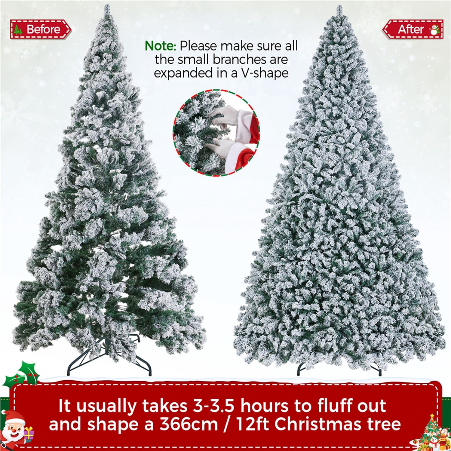 Alden Design 12FT Pre-lit Flocked Christmas Tree with Foldable Stand Hinged Fir Holiday Decorative Tree with 1750 LED Warm Lights, Green&White