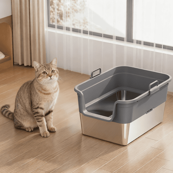 Stainless Steel Easy To Lift Anti-Splashing Cat Litter Box with Litter Scoop, Dark Gray