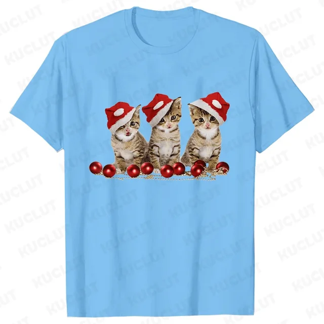 Camiseta Kawaii de gato de Navidad para mujer, camiseta de manga corta Harajuku, Camisetas de moda Y2k, ropa Ulzzang para mujer