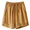thumbnail image 5 of Shorts for Women Summer Cotton Linen Elastic Waist Lace Hollow out Hem Wide Leg Vintage Boho Casual Shorts with Pockets, 5 of 5