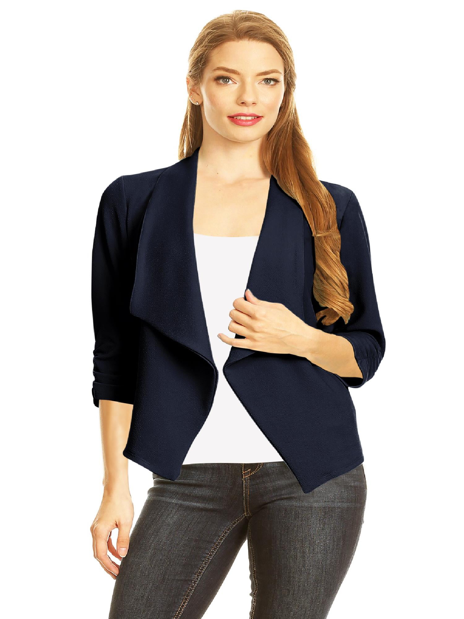 Women's 3/4 Sleeve Blazer Open Front Cardigan Jacket Work Office Blazer ...