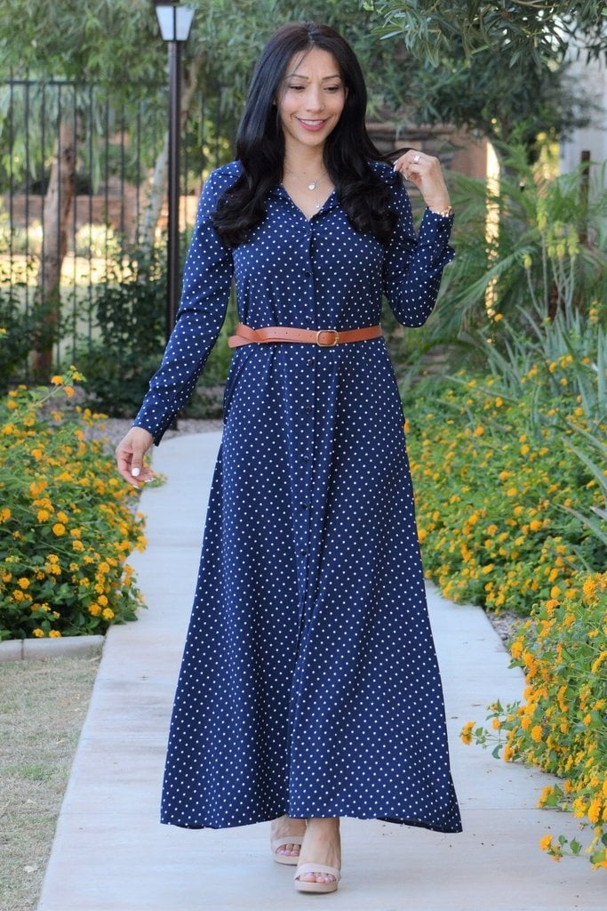 polka dot maxi shirt dress