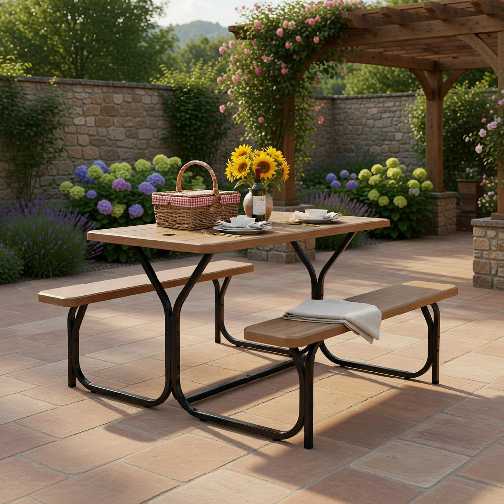 Hommoo HDPE Outdoor Picnic Table and Bench Set with Powder-Coated Steel Frame, Weather-Resistant, Easy-Assembly Backyard Dining Set, Coffee