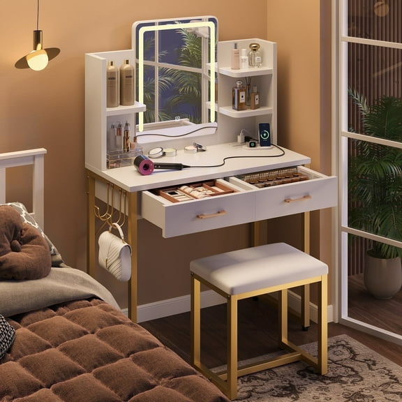 Bestier Makeup Vanity Set with Mirror and Lights, Vanity Desk with Drawers, Power Outlet & Cushioned Stool, Vanity Table for Bedroom, White