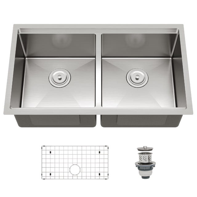 33 Inch Undermount Kitchen Sink, 304 Stainless Steel Double Bowl, Dual Mount Drop-In or Undermount, Noise Reduction, Heavy Duty Modern Design, Rust Resistant Finish