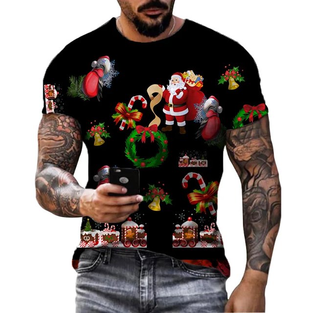 Camiseta con estampado de Papá Noel para hombre, ropa de moda para fiesta de año nuevo, camisetas de manga corta Harajuku con cuello redondo, camisetas de gran tamaño