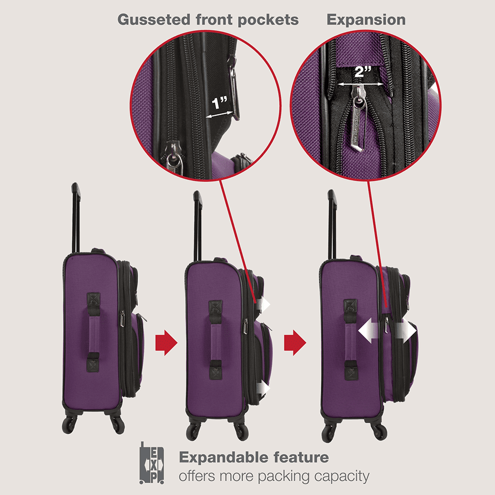 U.S. Traveler Rio Rugged Fabric Expandable Carry-on Spinner Luggage Set w/ Tote, Purple, 2 Piece (21/14)