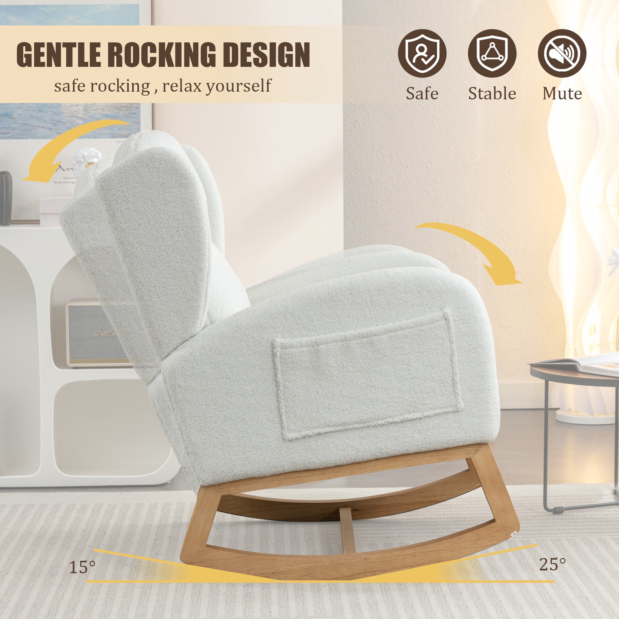 FFH Rocking Chair for Nursery, Teddy Glider Rocker, Reading Chair, Accent Chair, Ivory
