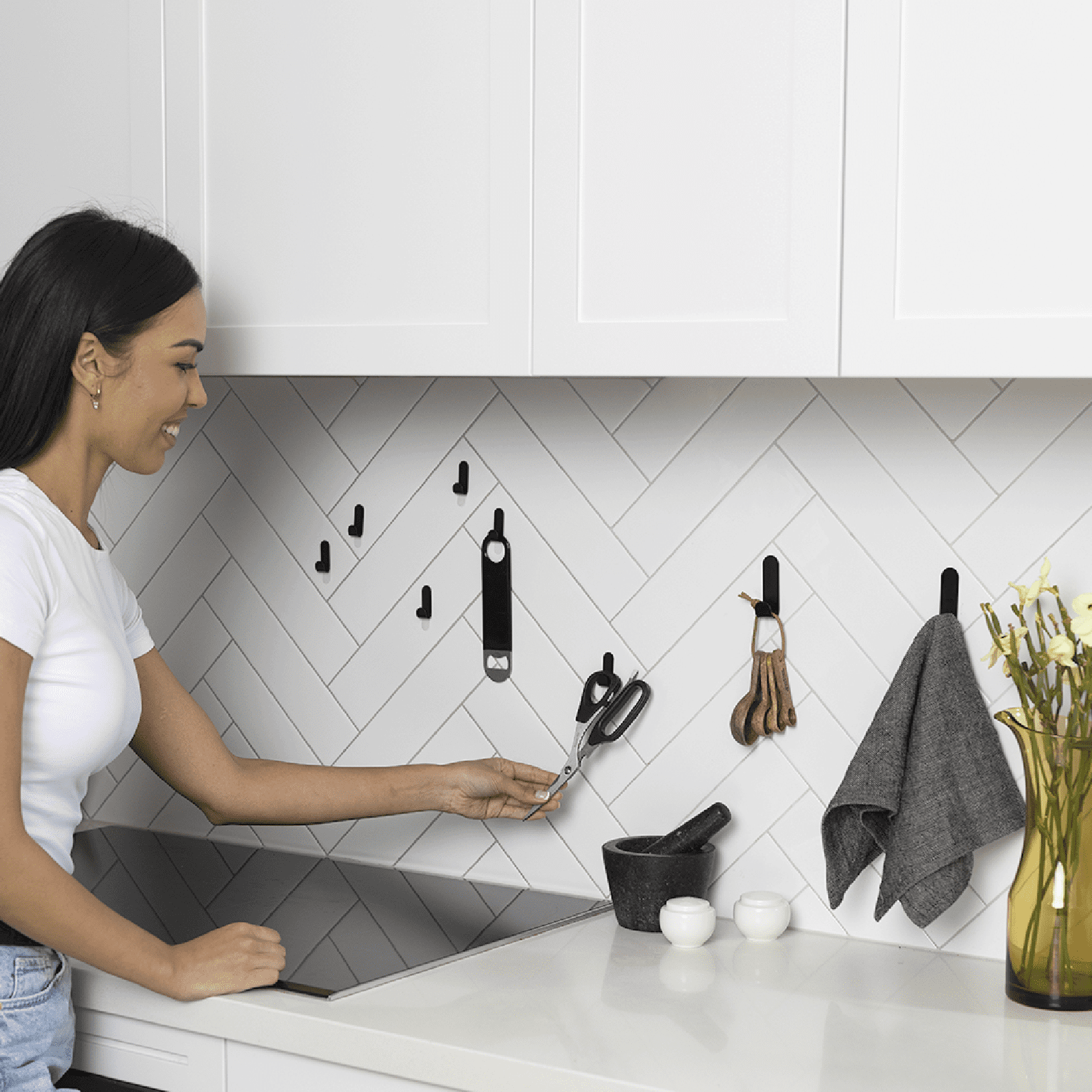 Permastik Adhesive Wall Hooks (8 Pack) – Damage-Free Removable Hooks, Mixed Sizes (2 Small, 4 Medium, 2 Large), Black Metal for Kitchen & Bathroom