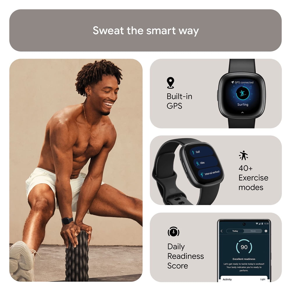 Fitbit FB523BKBK-US Versa 4 Fitness Smartwatch with GPS, 24/7 Heart Rate - Black/Graphite Bundle with Workout Sport Towel & Tech Smart USA Fitness & Wellness Suite