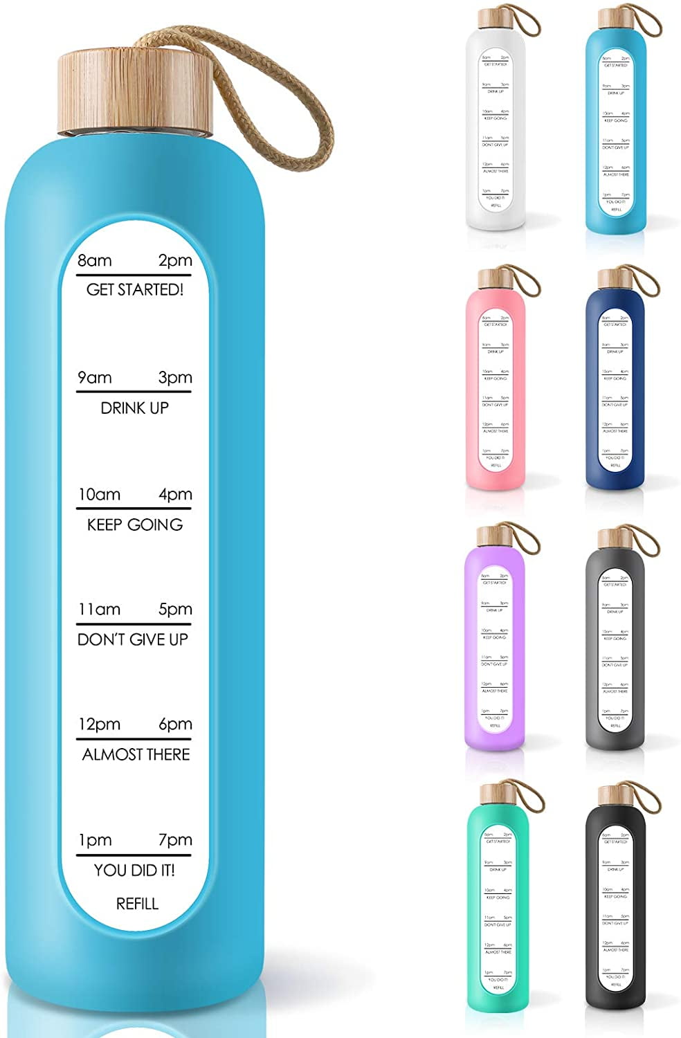 PROBTTL 32 Oz Borosilicate Glass Water Bottle with Time Marker Reminder Quotes Leak Proof Reusable BPA Free Motivational Water Bottle with Silicone Sleeve and Bamboo Lid 
