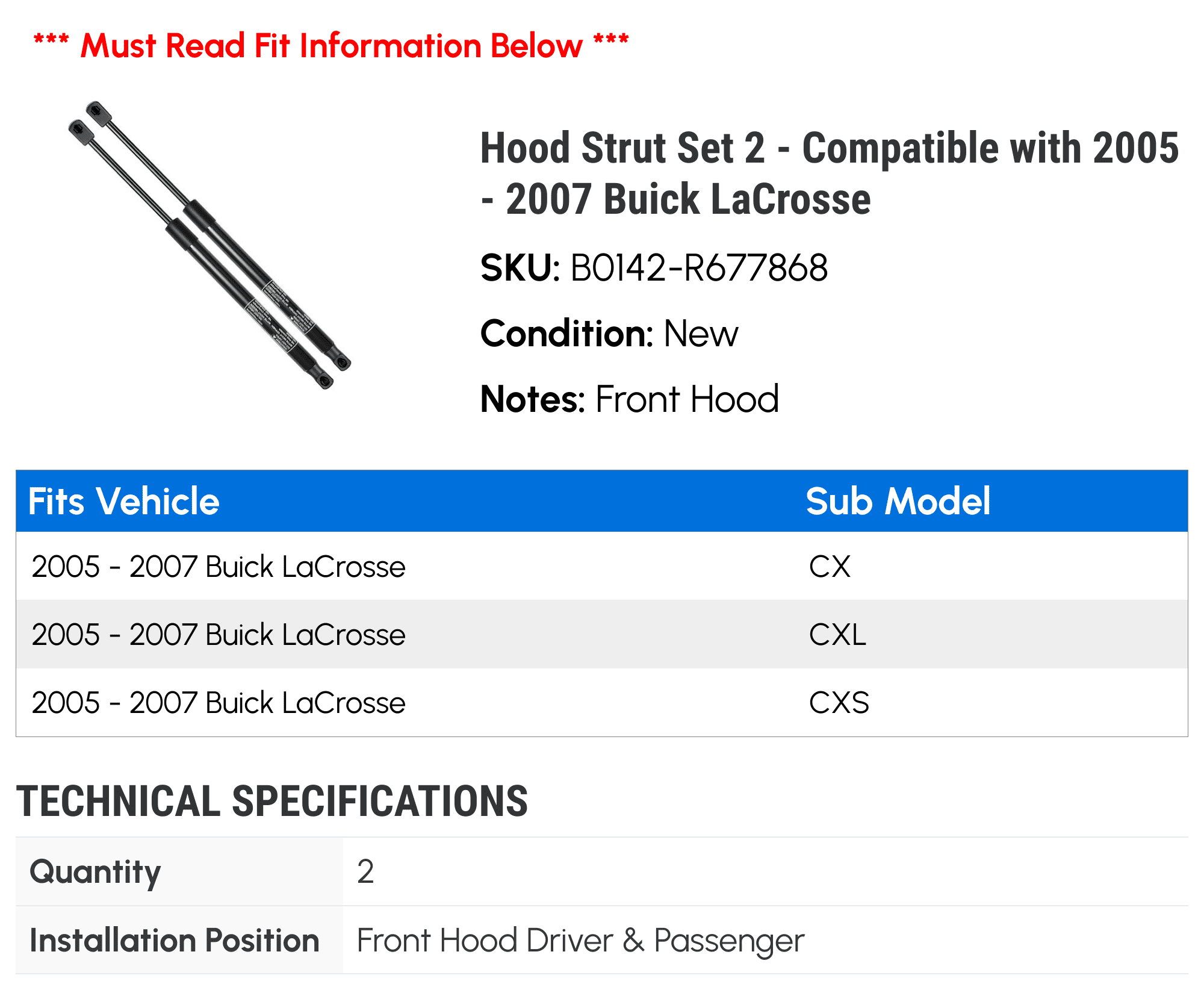 Hood Strut Set 2 - Compatible with 2005 - 2007 Buick LaCrosse - Autopart Premium