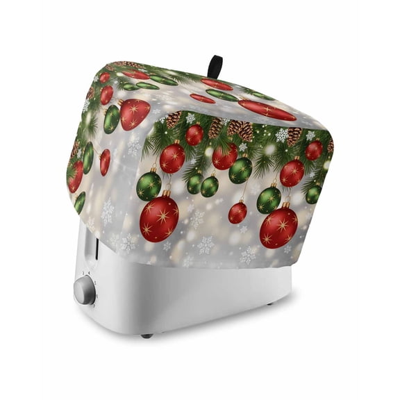 Fsddascl Red Green Balls Christmas Toaster Cover 4 Slice, Large Kitchen Appliance Covers, Xmas Pine Needle Snowflake Toaster Oven Cover with Loop, Bread Machine Cover Polyester Dust Cover Protection