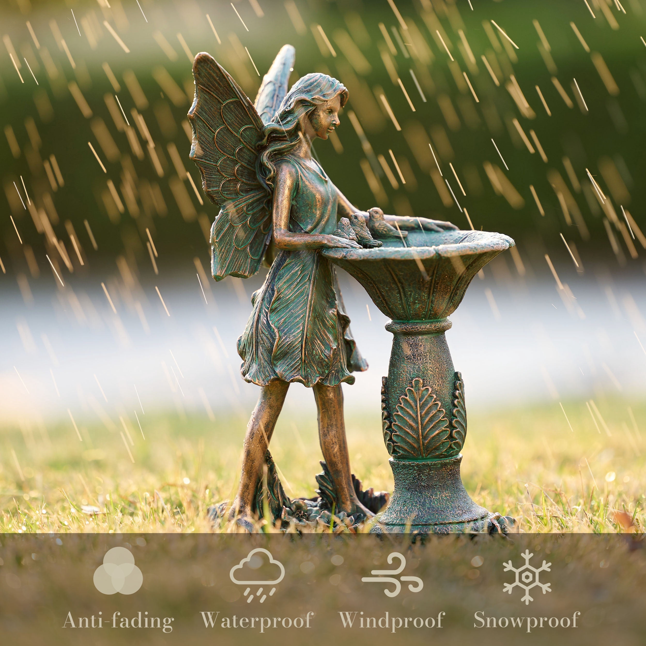 TERESA'S COLLECTIONS 9.4" Fairy Garden Statue with Solar Outdoor Light, Bronze Resin Sculpture