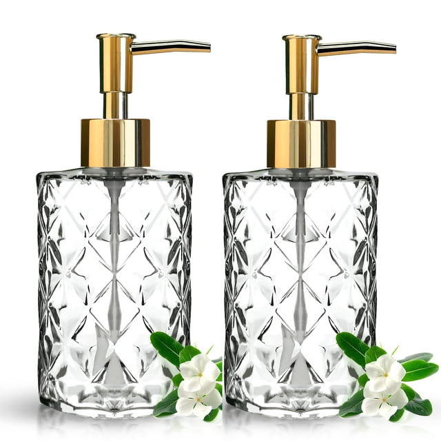 ALIMOTA 2 Piezas Dispensador de Jabón de Vidrio 330ml, Bomba Dorada de Lujo con Diseño de Diamante Tallado, Jabonera Elegante para Cocina, Baño, Lavamanos, Champ&u
