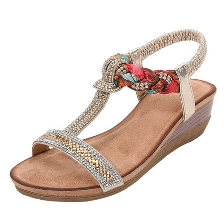 

Blphud Women s Sandals Clearance Womens Sandals Bohemian Style T Line With Rhinestone Wedge Heel Sandals Oversized Sandals Glitter Sandals for Women Gold 42