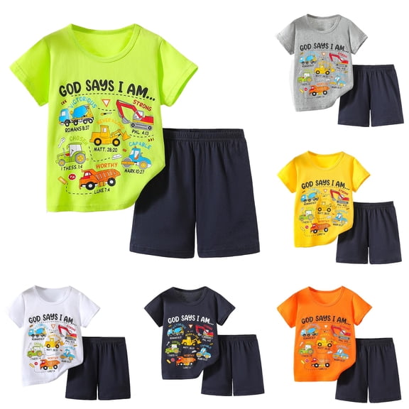 oqasdz Toddler Boys Construction Truck Outfit Set Cartoon Short Sleeve Tee and Shorts Breathable Mesh Kids Summer Casual Play Clothing Set,Green,Size 5 Y-6 Y