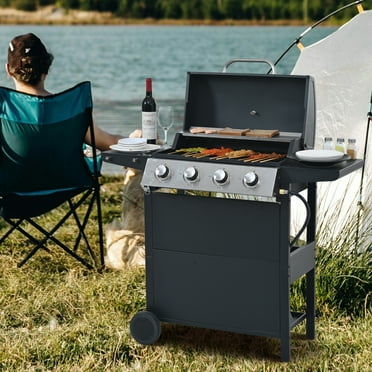 4 Burner Stainless Steel Propane Gas Grill, Barbecue Gas Grill with Side Table and Thermometer, 34000BTU Outdoor BBQ Camping Grill