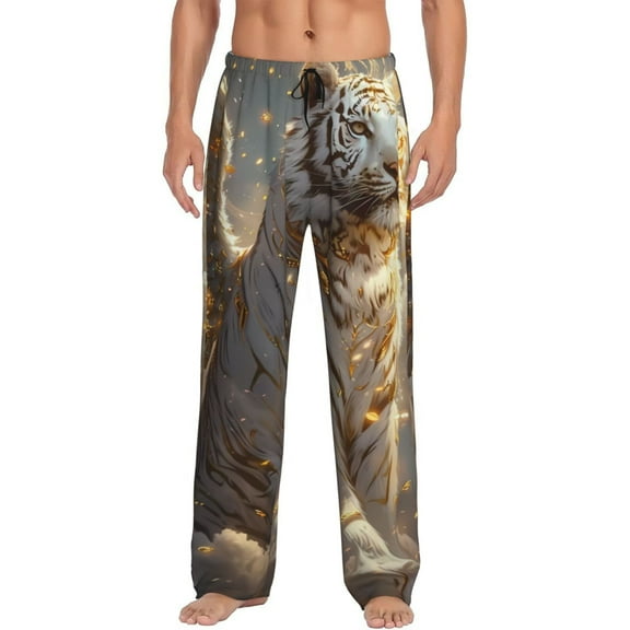 Vsdgher Golden White Tiger Print Mens Pajama Pants Sleep & Lounge Pants, PJ Bottoms With elastic waistb and Pockets