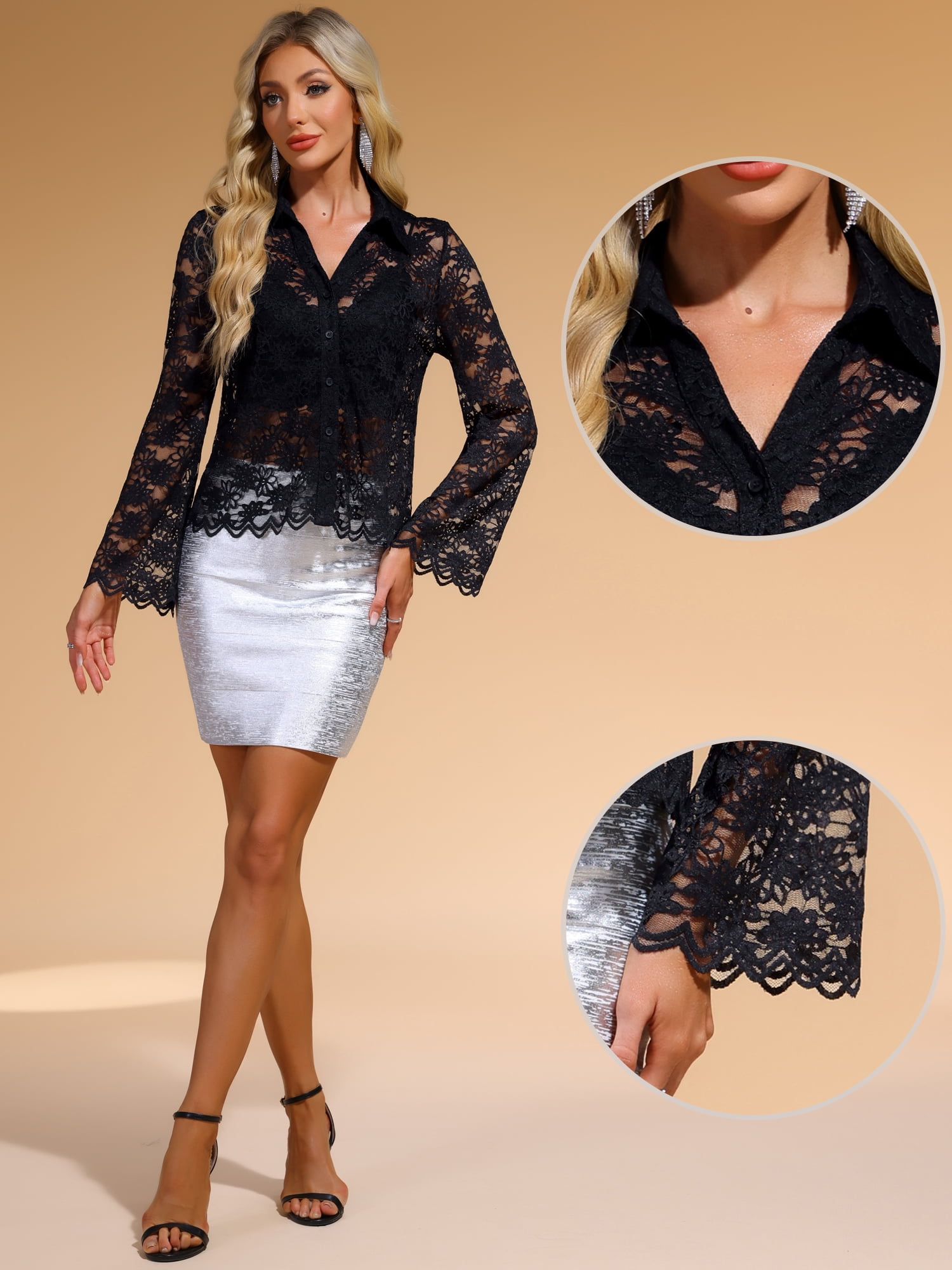 DARING DIVA Women's V-neck Elegant Lace Bell Sleeve Sheer Top Shirts XL Black