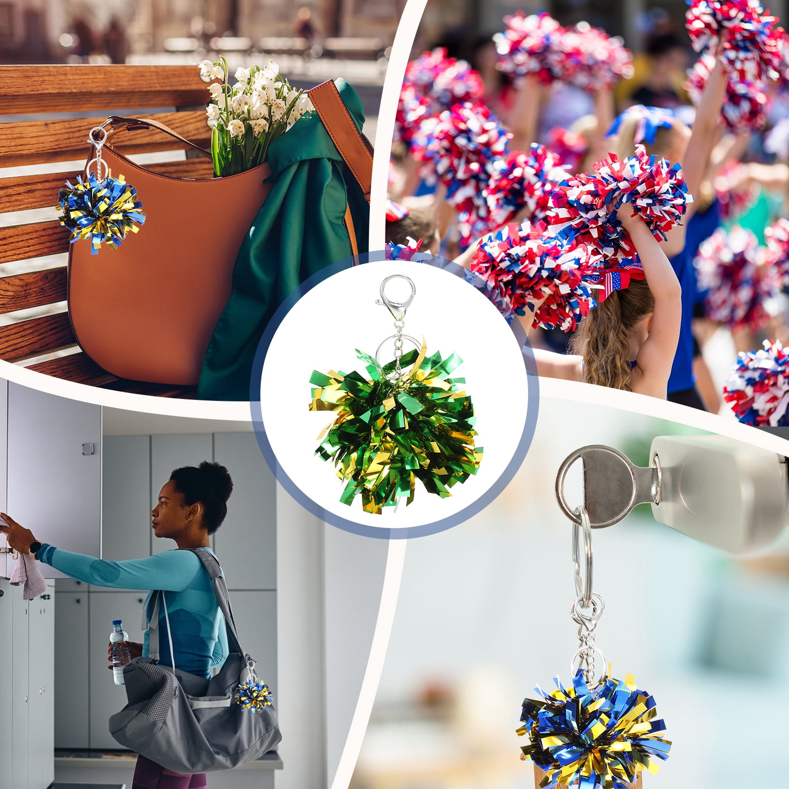 Uxcell 20 Pcs Cheer Pom Pom Keychain Cheerleading Gift Charm Plastic Keyring Bulk for Christmas Green Gold Tone