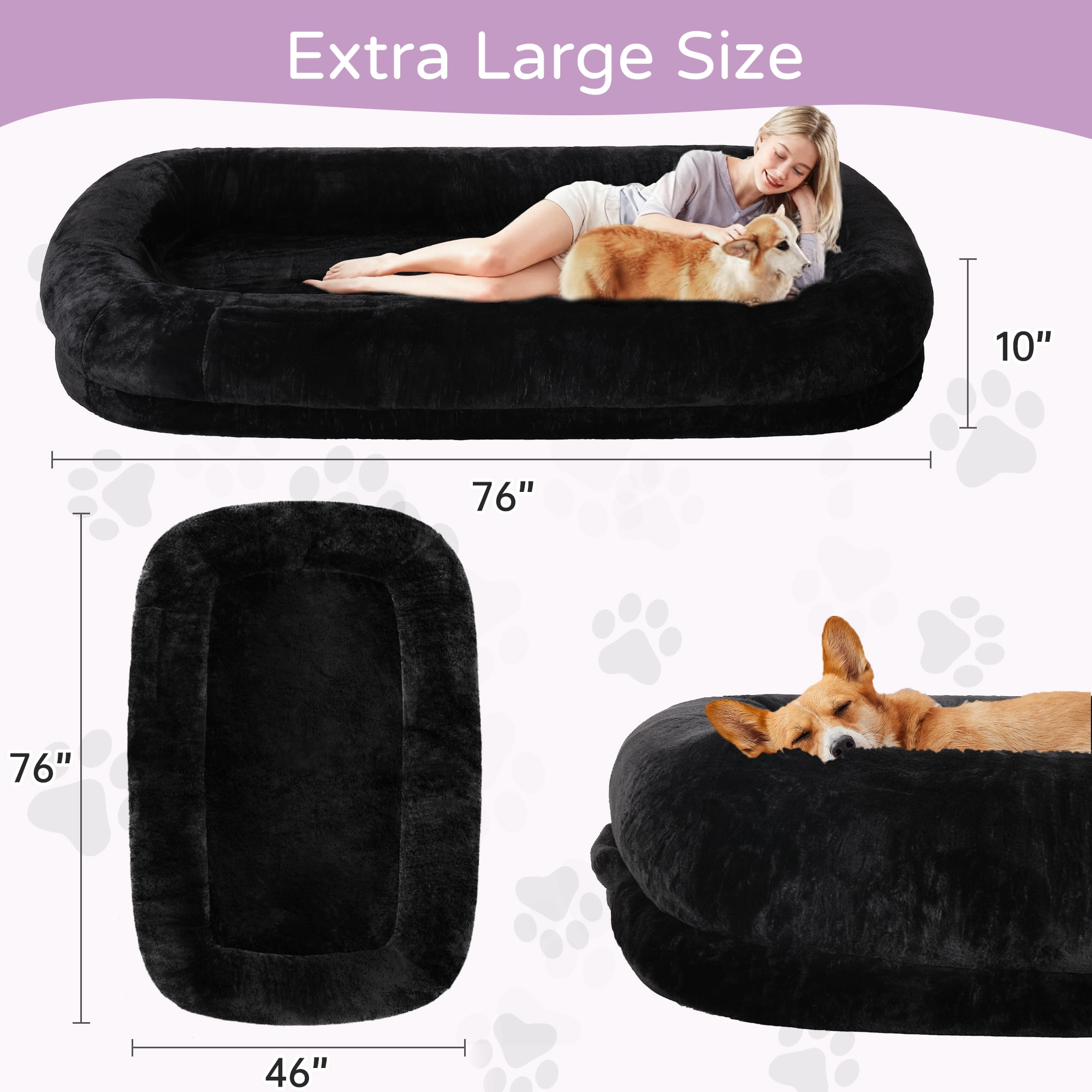 Melocadol Human Dog Bed for Adult, 71"x40"x10" Fits You & Pets, Orthopedic Foam, Washable Faux Fur, Removable Cover, Black