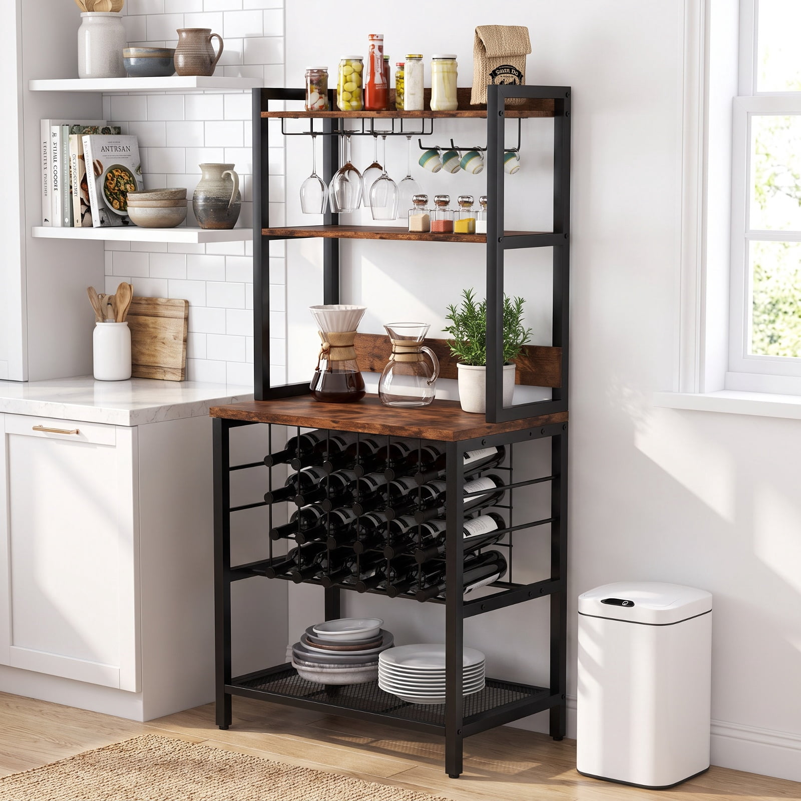 RUIE Wine Bar Cabinet with Power Outlets, Industrial Bar Cabinet with Wine Rack Glass Holders 4-Tier Storage for 24 Bottles, Kitchen Dining Room, Brown